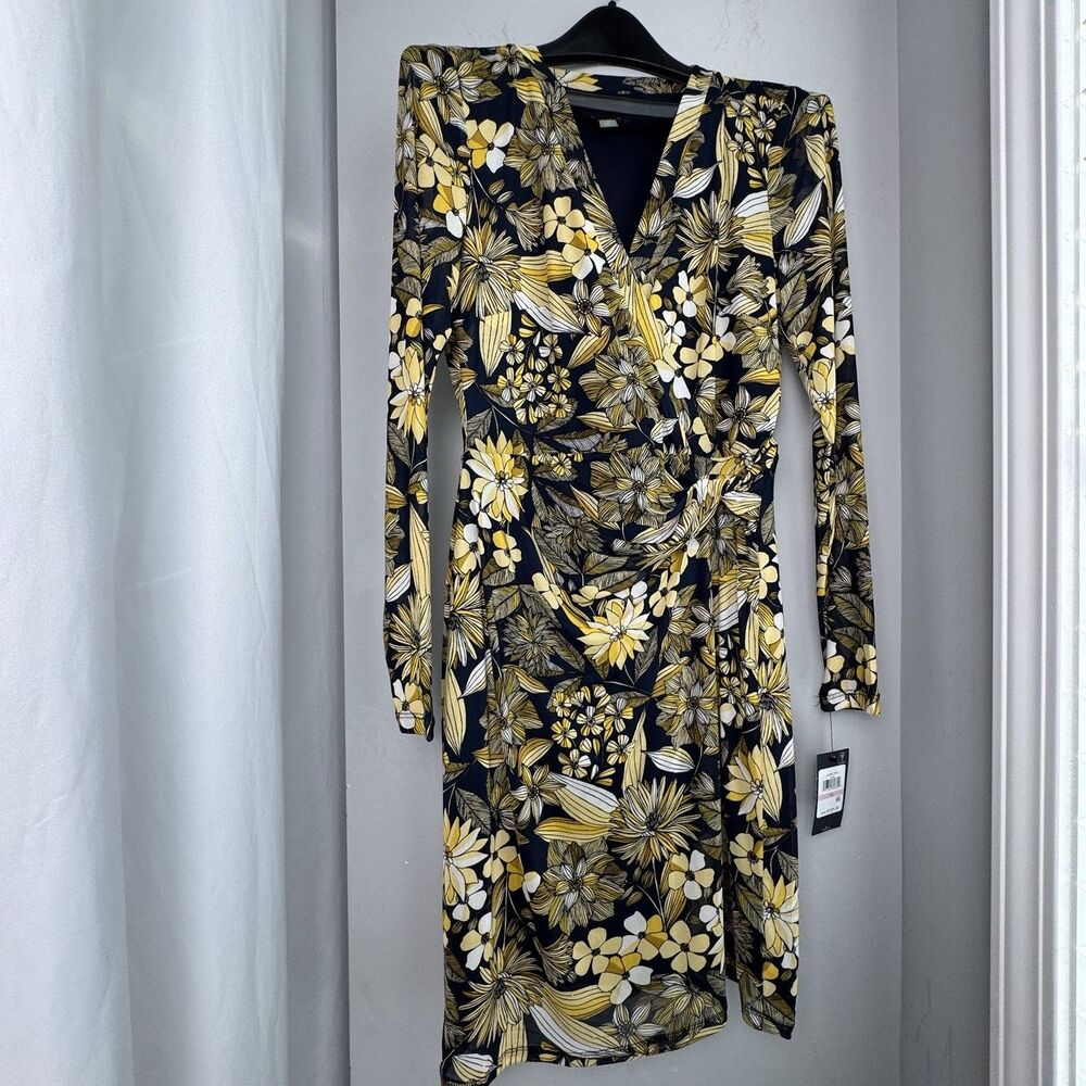 Women's Tommy Hilfiger Navy Yellow Flower Long Sleeve Dress Wrap V Size 10 NEW